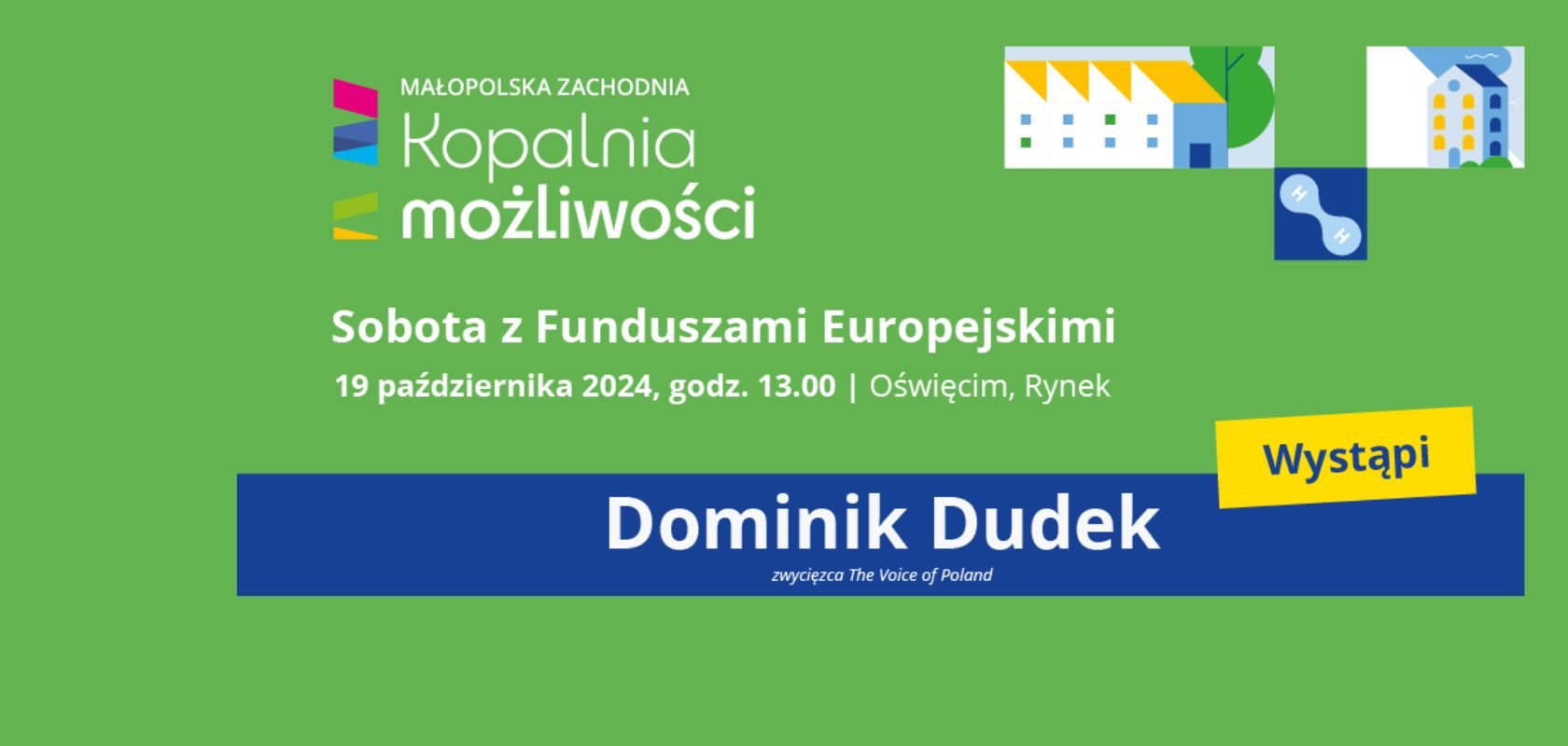 plansza z nazwą wydarzenia promującego Fundusze Europejskie na Rynku w Oświęcimiu